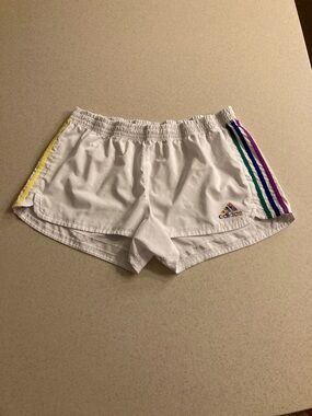 Adidas Pride Pacer Shorts featuring rainbow three-stripes Women Size 2XL.
